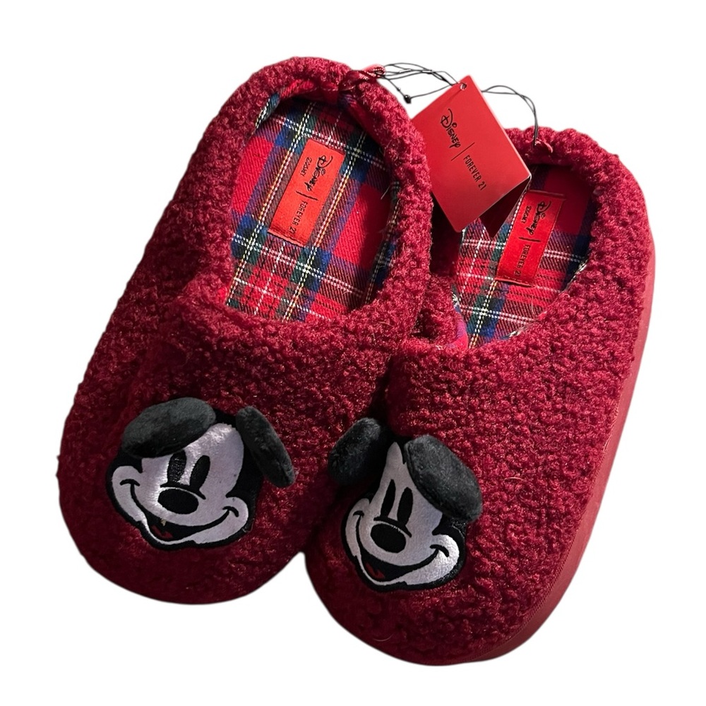 NWT Disney Forever21 SzL (see desc) Red Plaid Burgundy Fleece Platform Slippers